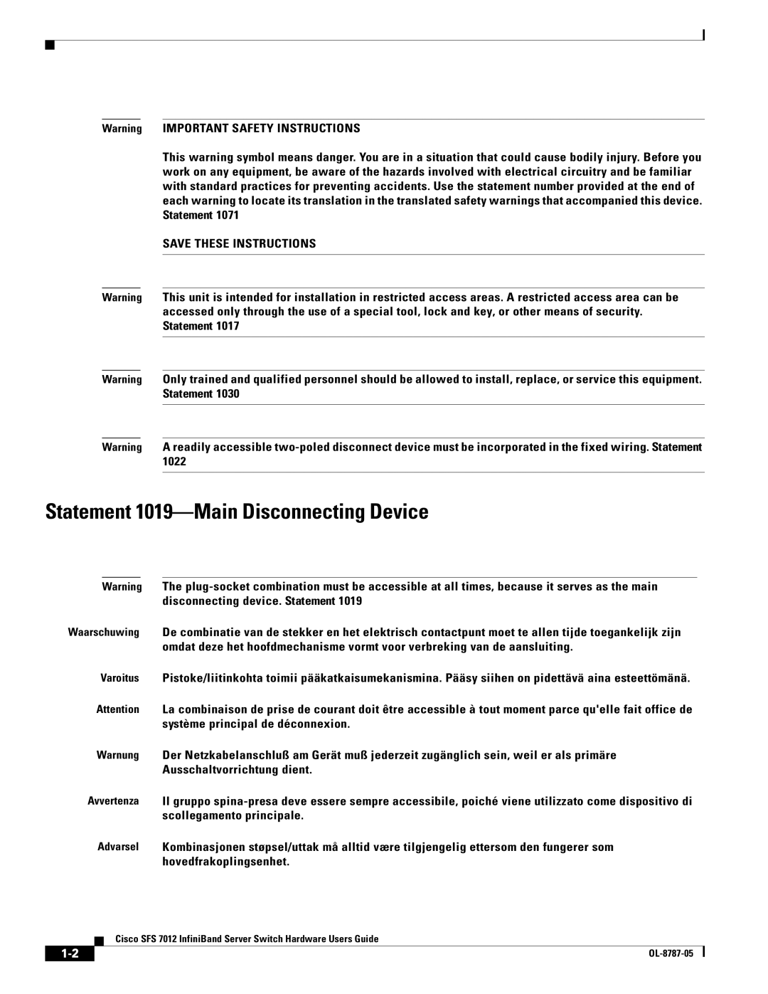 Cisco Systems SFS 7012 manual Statement 1019-Main Disconnecting Device 