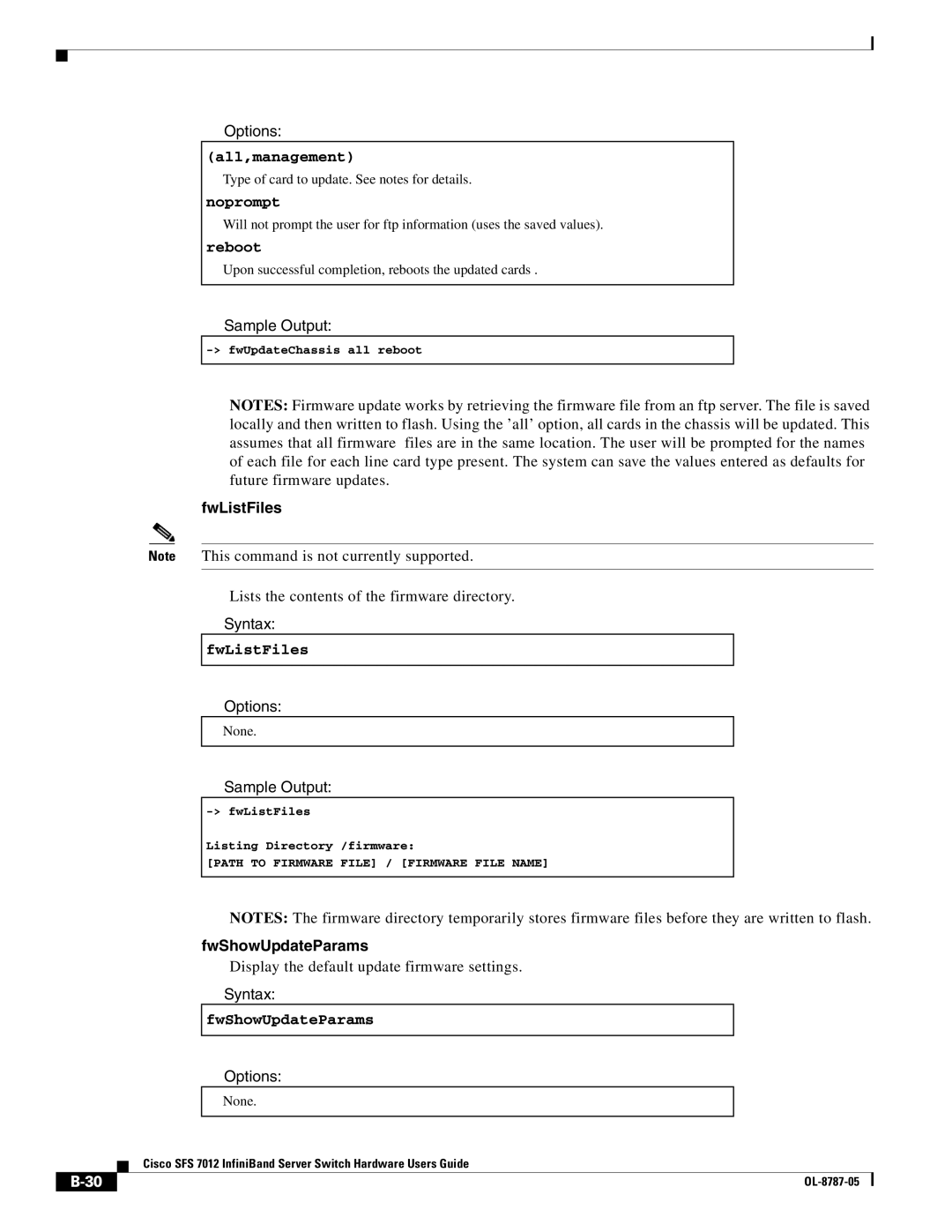 Cisco Systems SFS 7012 manual FwListFiles, FwShowUpdateParams 