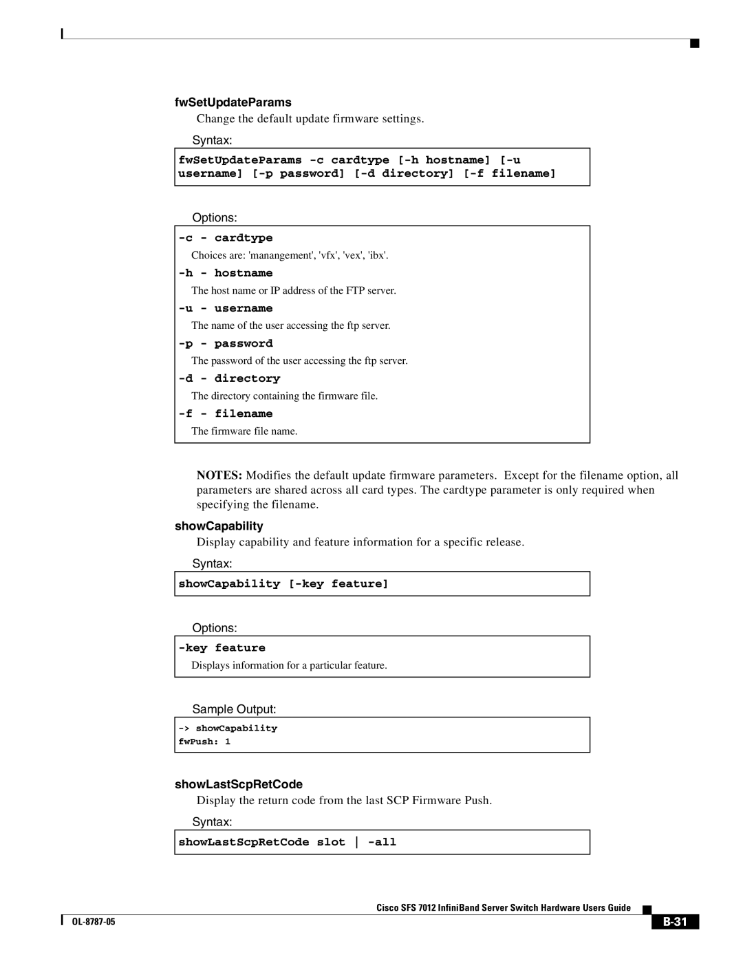 Cisco Systems SFS 7012 manual FwSetUpdateParams, ShowCapability, ShowLastScpRetCode 