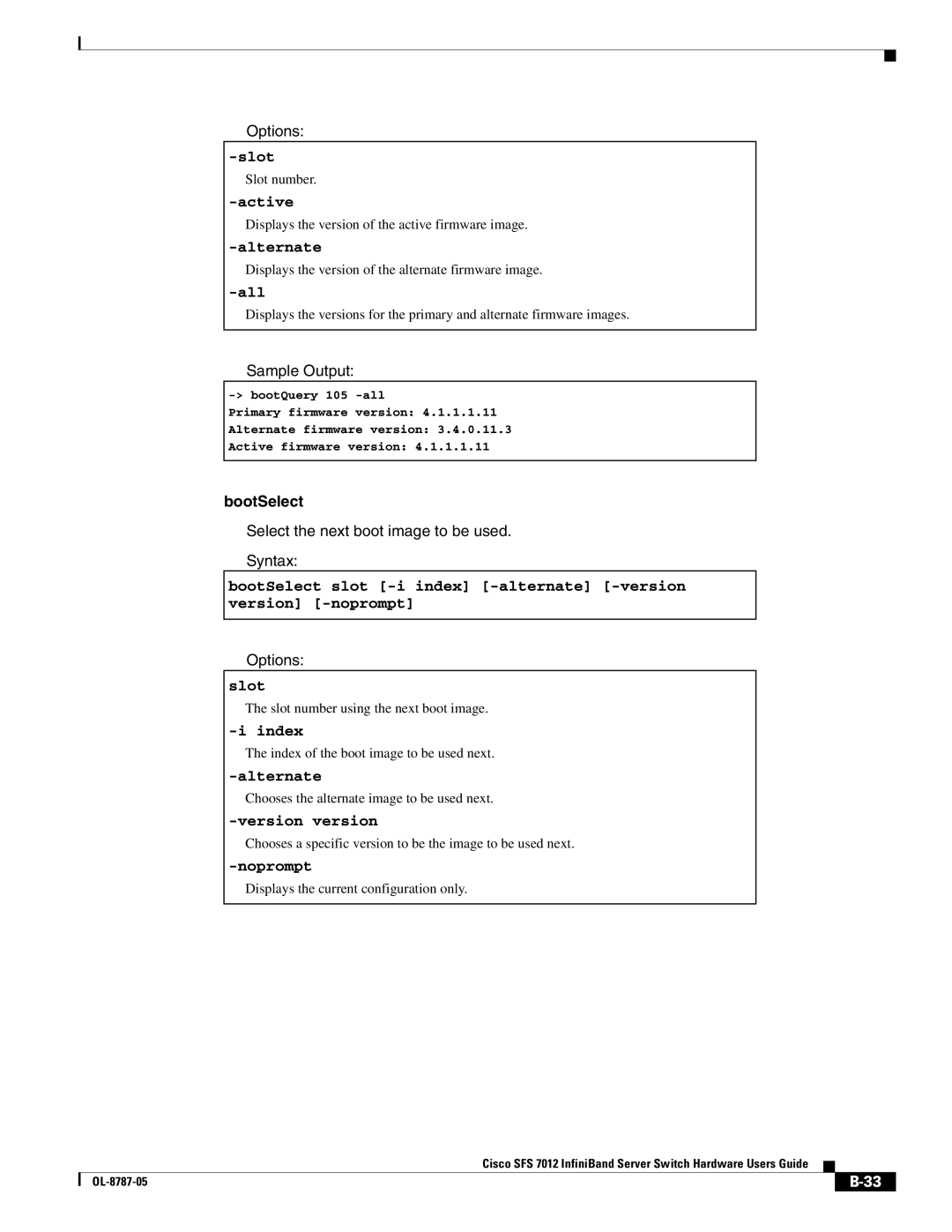 Cisco Systems SFS 7012 manual Active, Alternate, BootSelect, Index, Version version 