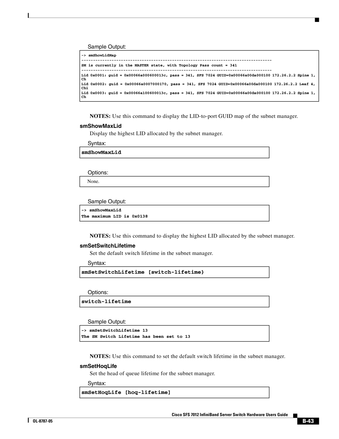 Cisco Systems SFS 7012 manual SmShowMaxLid, SmSetSwitchLifetime, SmSetHoqLife 