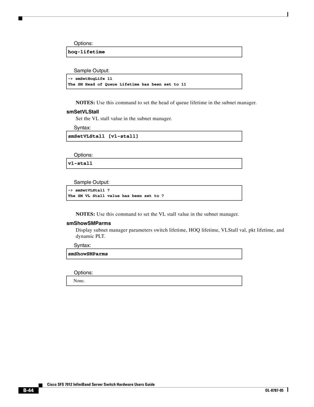 Cisco Systems SFS 7012 manual SmSetVLStall, SmShowSMParms 