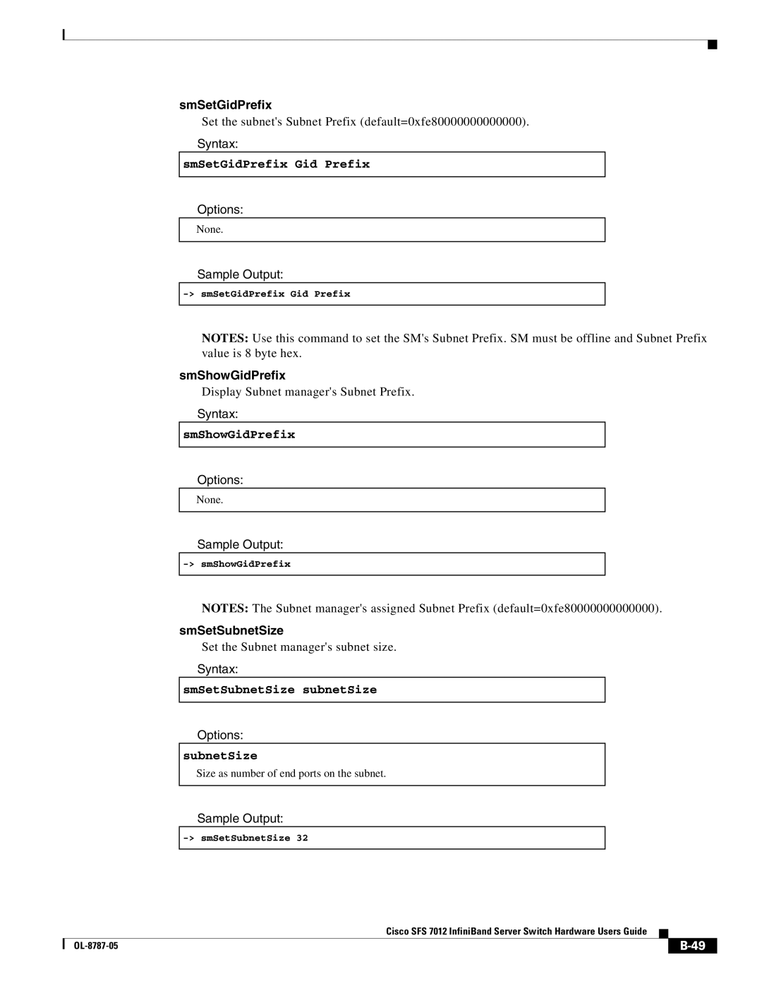 Cisco Systems SFS 7012 manual SmSetGidPrefix, SmShowGidPrefix, SmSetSubnetSize 