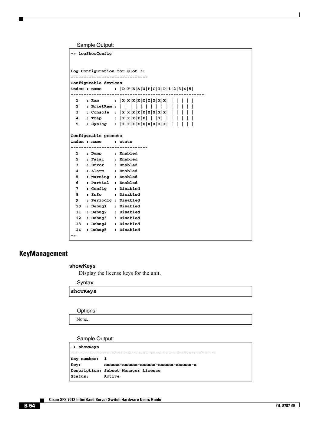 Cisco Systems SFS 7012 manual KeyManagement, ShowKeys 