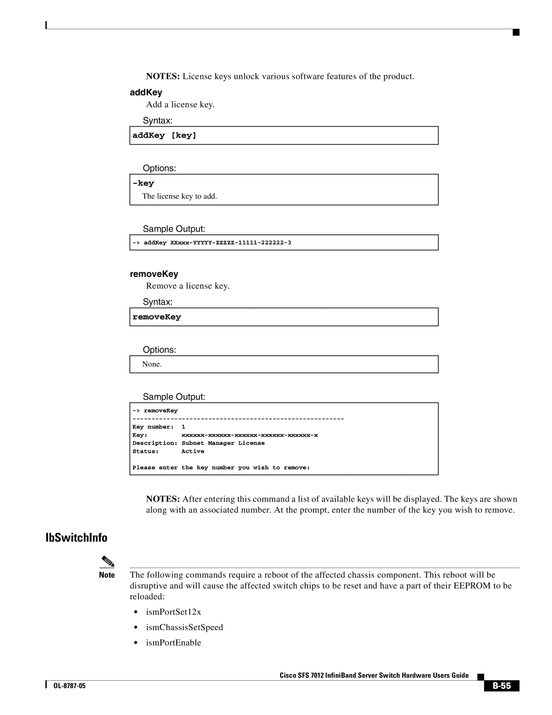 Cisco Systems SFS 7012 manual IbSwitchInfo, AddKey, RemoveKey 