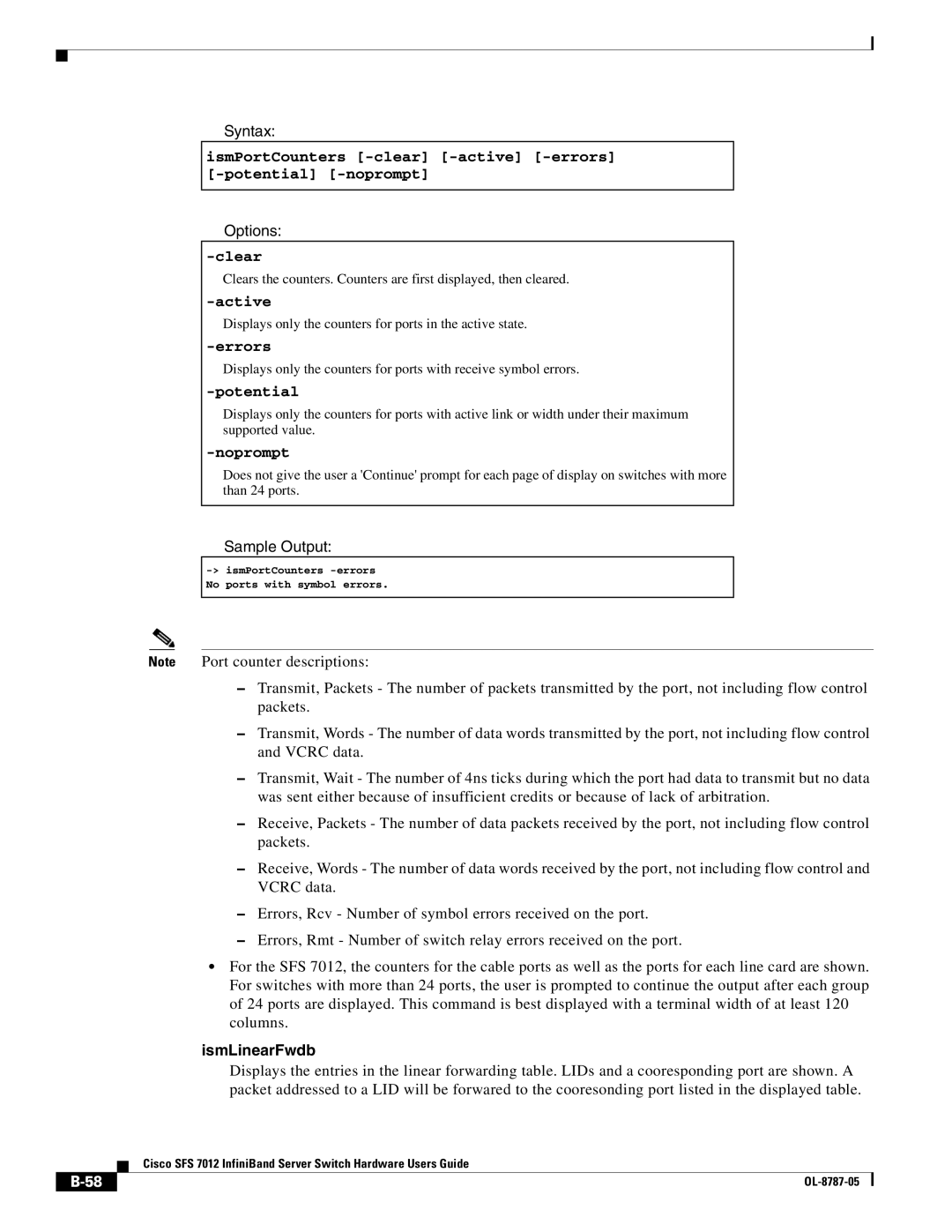 Cisco Systems SFS 7012 manual IsmPortCounters -clear -active -errors -potential -noprompt, Errors, Potential, IsmLinearFwdb 