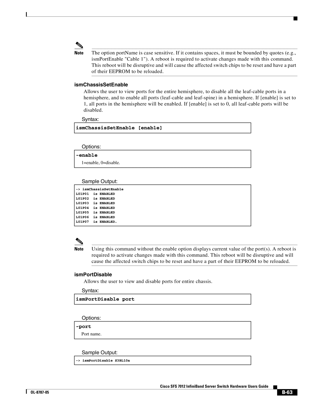 Cisco Systems SFS 7012 manual IsmChassisSetEnable enable, IsmPortDisable port 