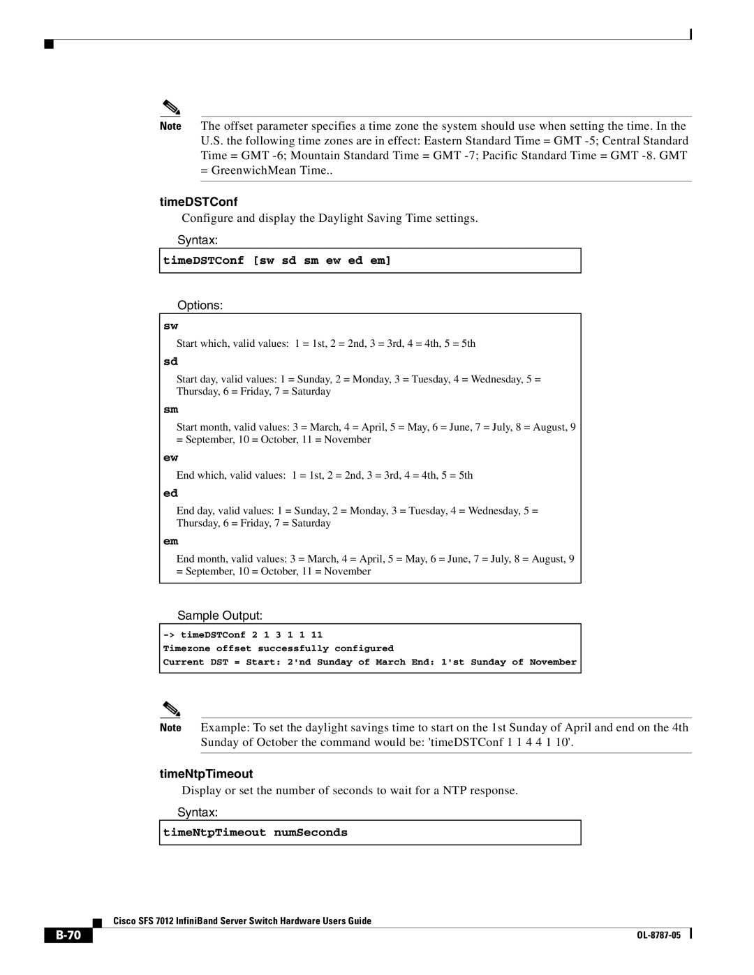 Cisco Systems SFS 7012 manual TimeDSTConf sw sd sm ew ed em, TimeNtpTimeout numSeconds 