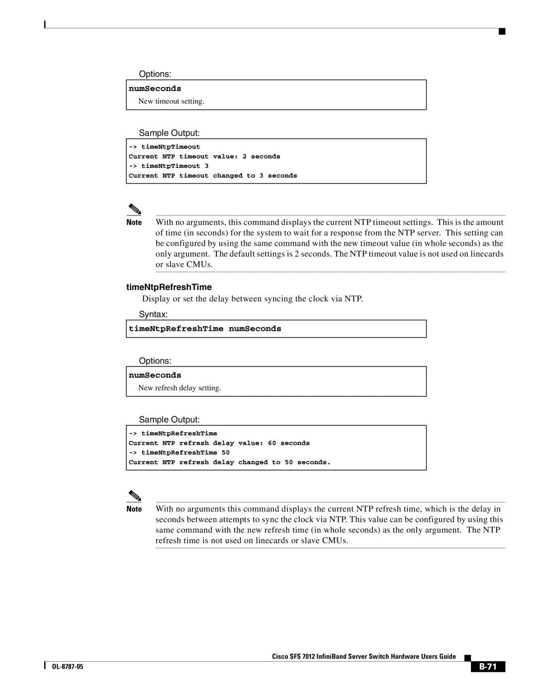 Cisco Systems SFS 7012 manual NumSeconds, TimeNtpRefreshTime numSeconds 