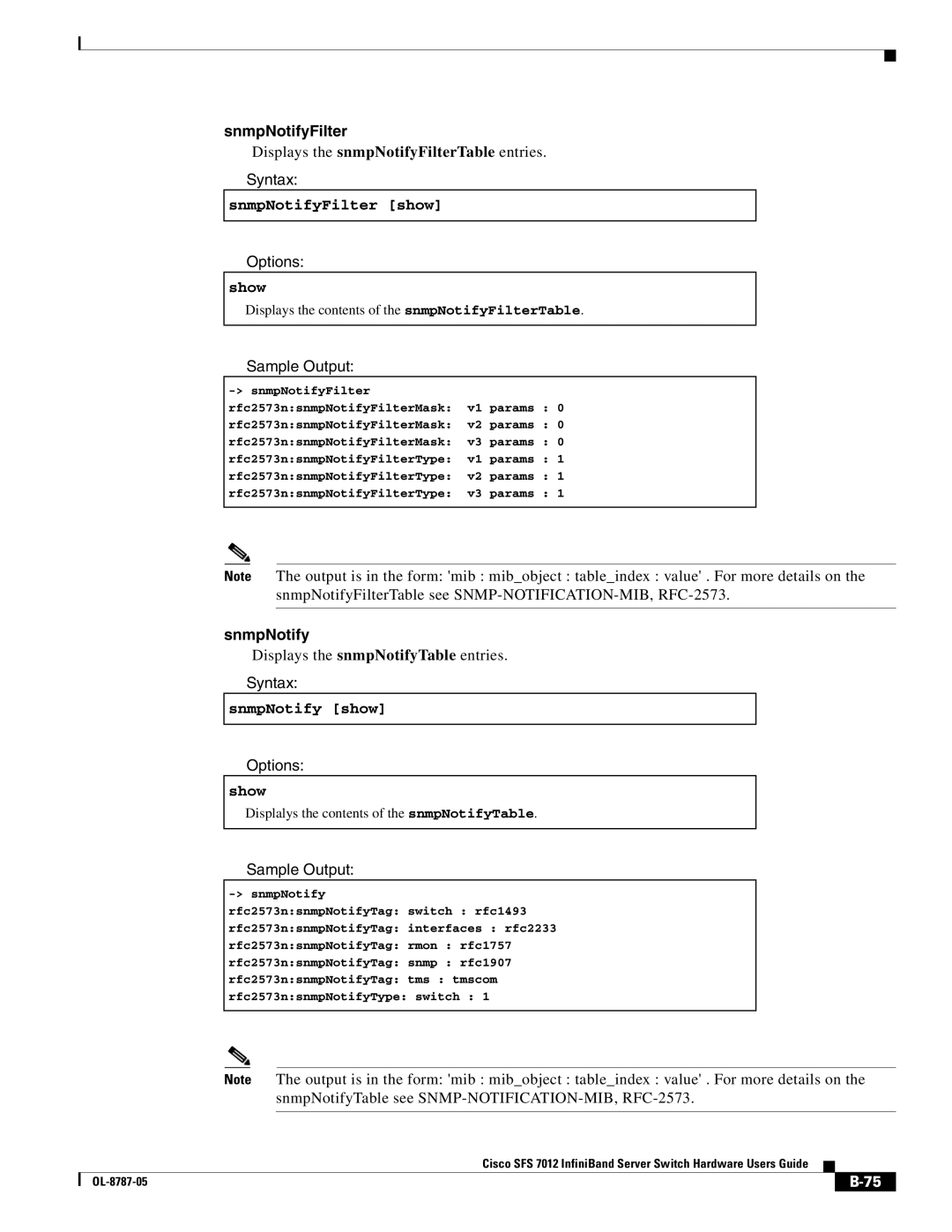 Cisco Systems SFS 7012 manual Displays the snmpNotifyFilterTable entries, SnmpNotifyFilter show, SnmpNotify show 