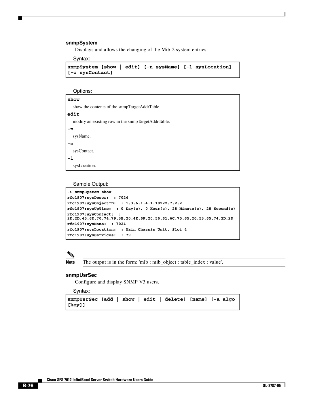 Cisco Systems SFS 7012 manual SnmpSystem, SnmpUsrSec add show edit delete name -a algo key 