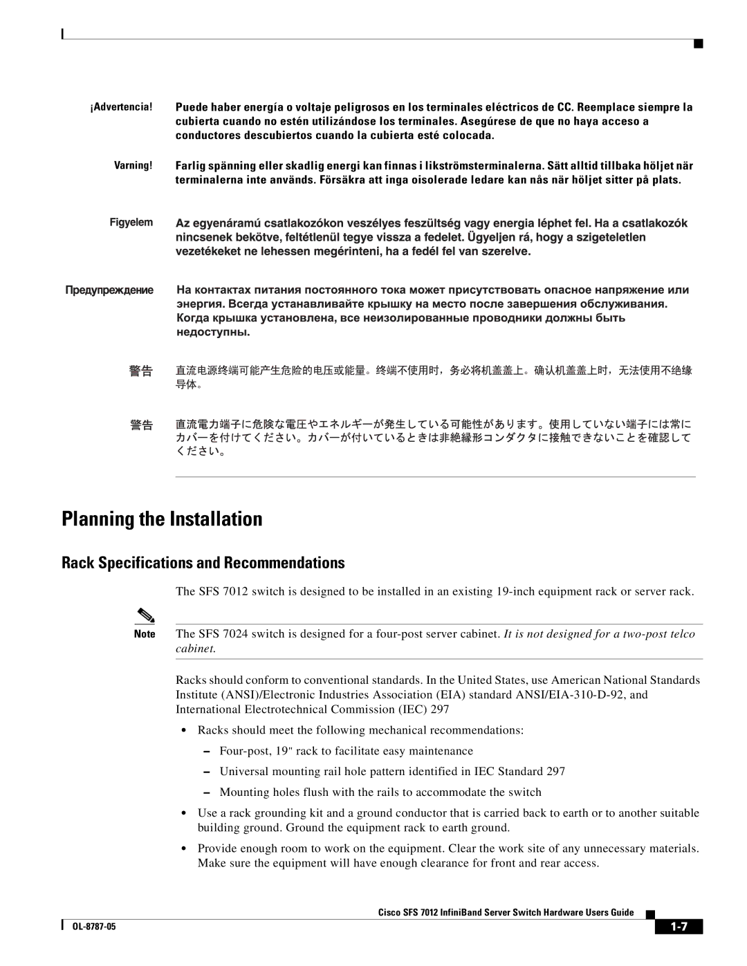 Cisco Systems SFS 7012 manual Planning the Installation, Rack Specifications and Recommendations 