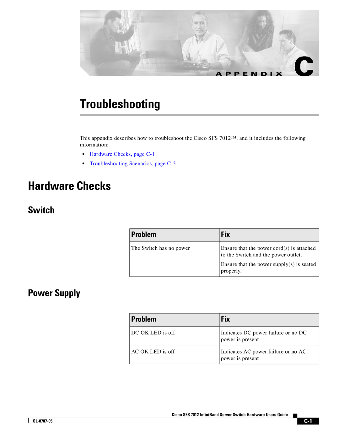 Cisco Systems SFS 7012 manual Switch, Power Supply, Problem Fix 