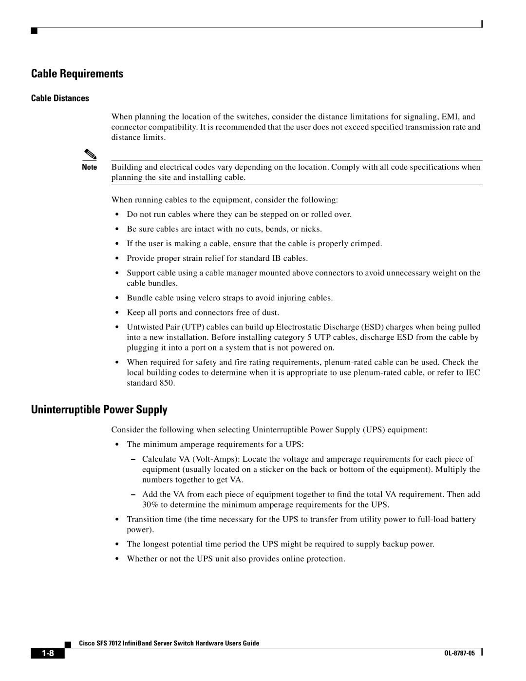 Cisco Systems SFS 7012 manual Cable Requirements, Uninterruptible Power Supply, Cable Distances 