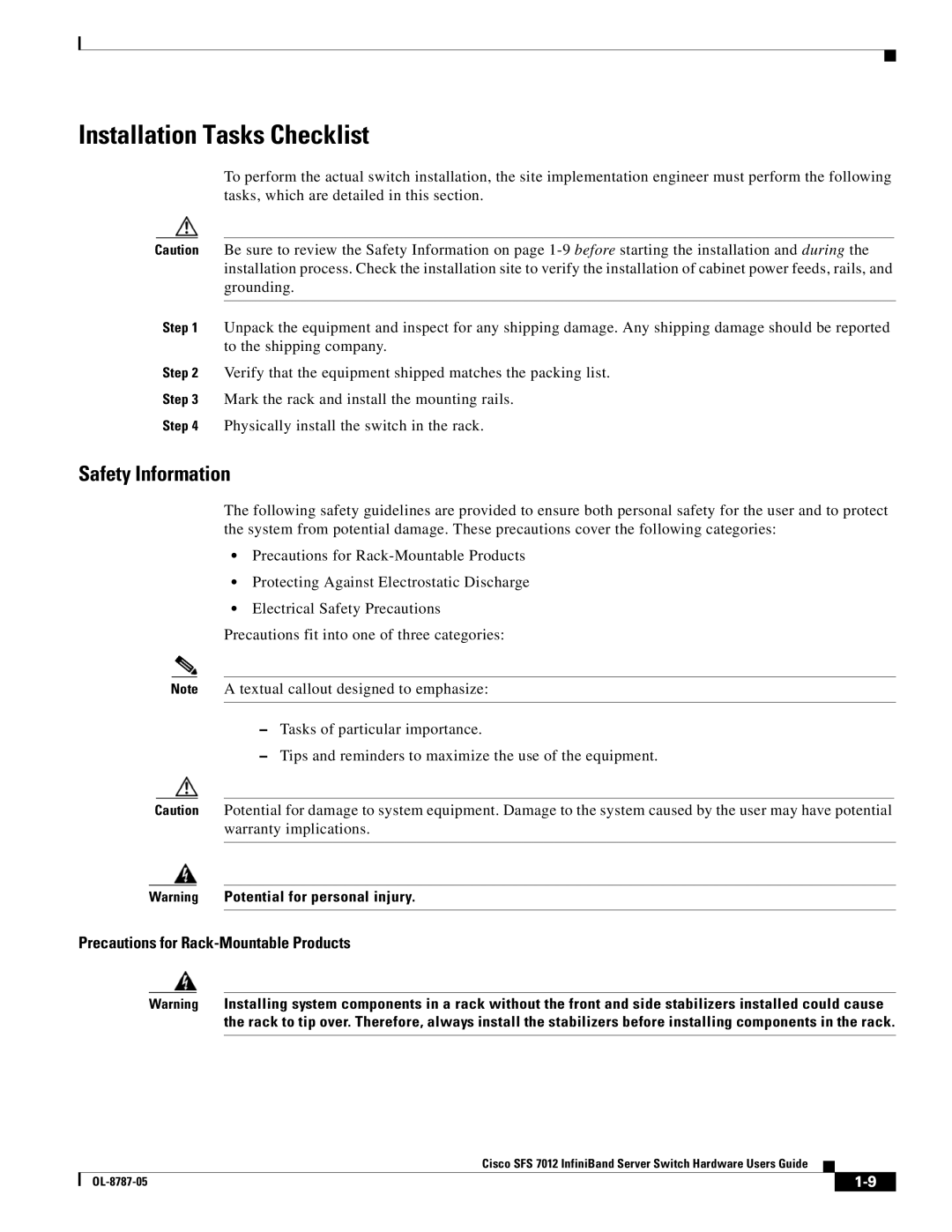 Cisco Systems SFS 7012 manual Installation Tasks Checklist, Safety Information, Precautions for Rack-Mountable Products 