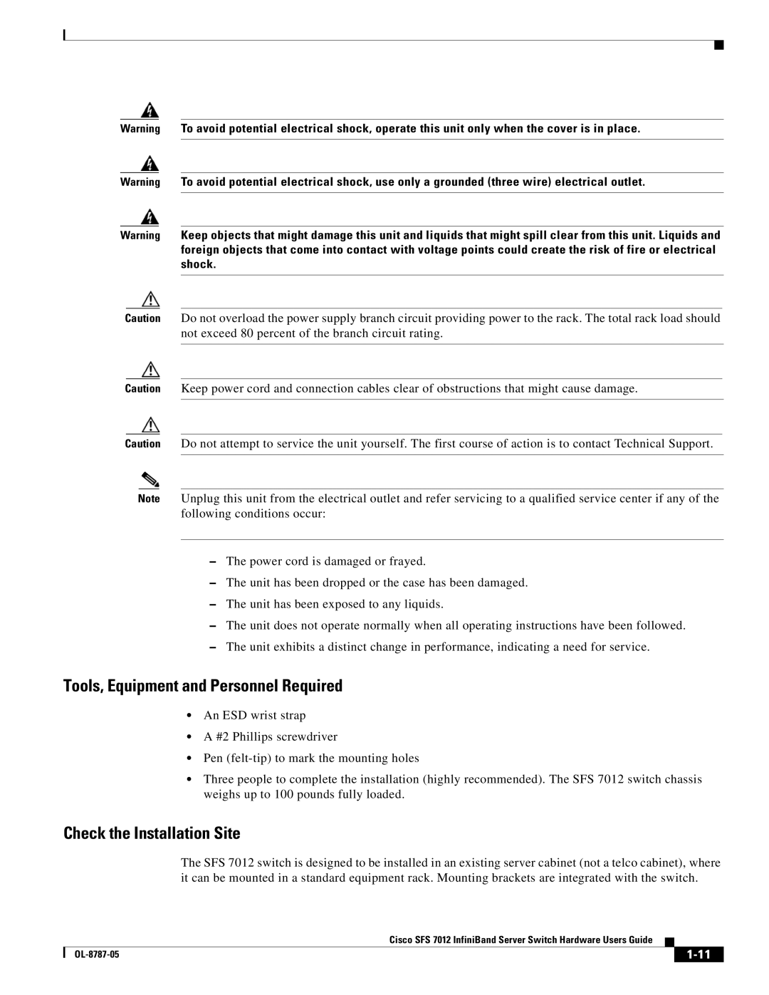 Cisco Systems SFS 7012 manual Tools, Equipment and Personnel Required, Check the Installation Site 