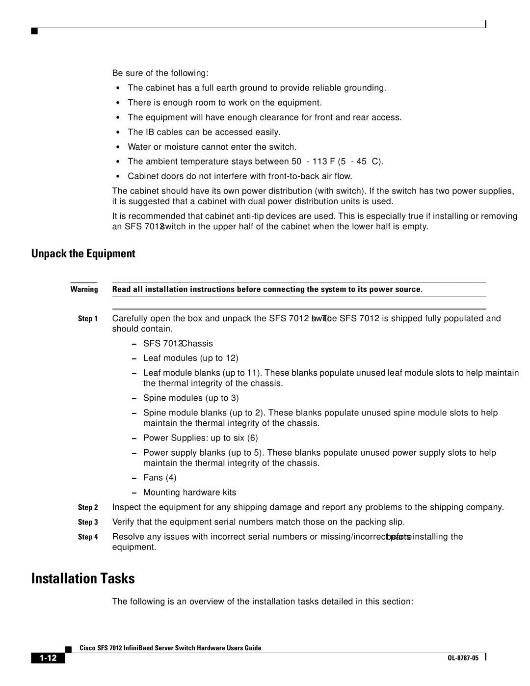 Cisco Systems SFS 7012 manual Installation Tasks, Unpack the Equipment 