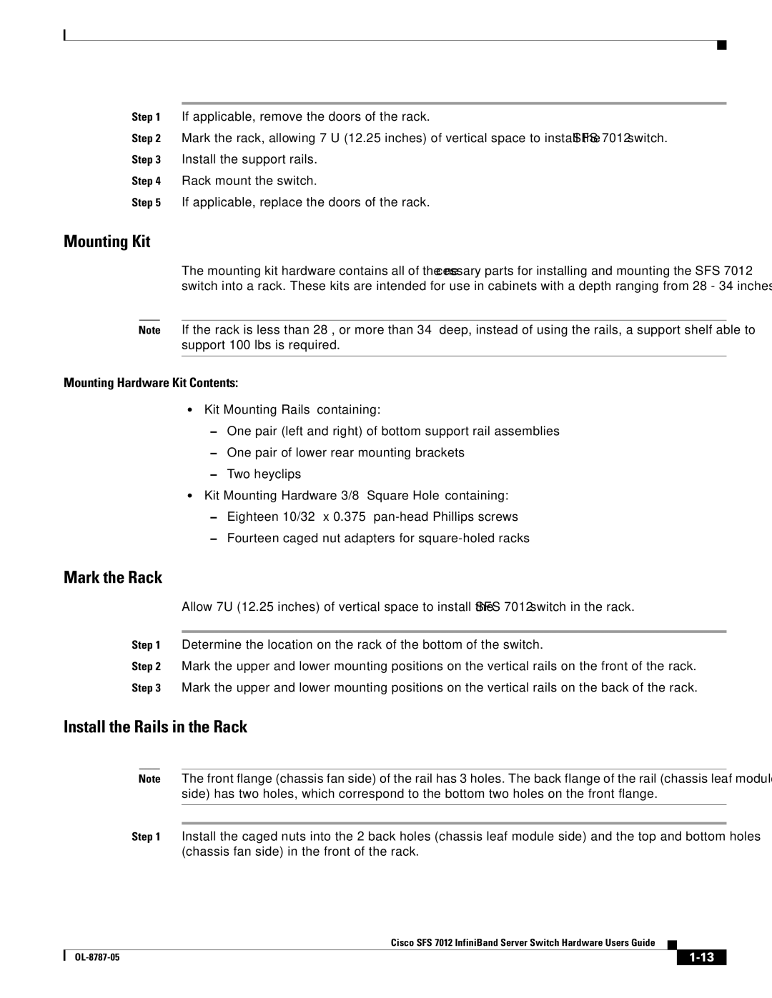 Cisco Systems SFS 7012 manual Mounting Kit, Mark the Rack, Install the Rails in the Rack, Mounting Hardware Kit Contents 