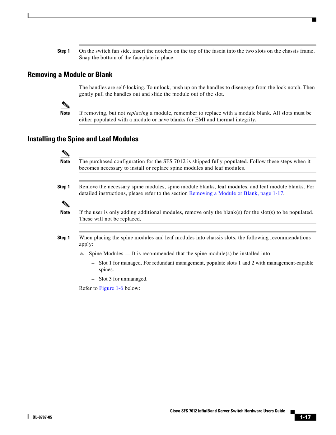 Cisco Systems SFS 7012 manual Removing a Module or Blank, Installing the Spine and Leaf Modules 