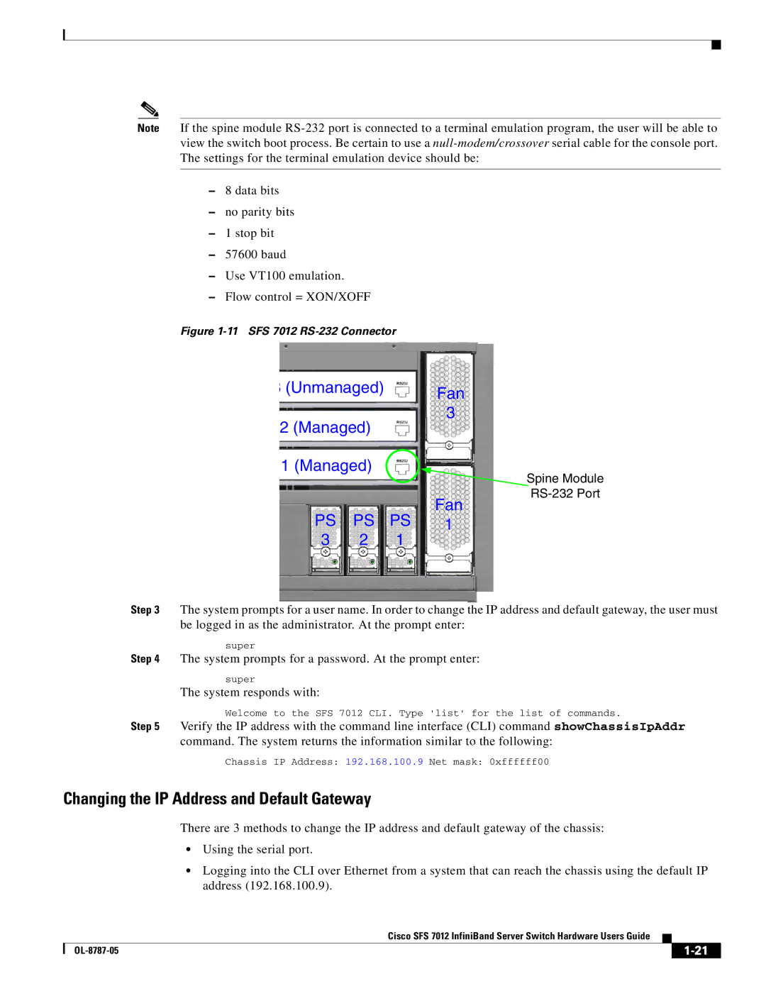 Cisco Systems manual Changing the IP Address and Default Gateway, SFS 7012 RS-232 Connector 