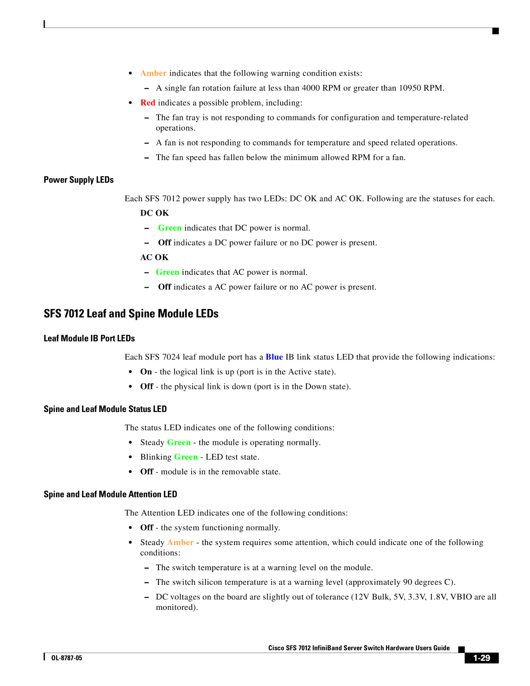 Cisco Systems manual SFS 7012 Leaf and Spine Module LEDs, Power Supply LEDs, Leaf Module IB Port LEDs 