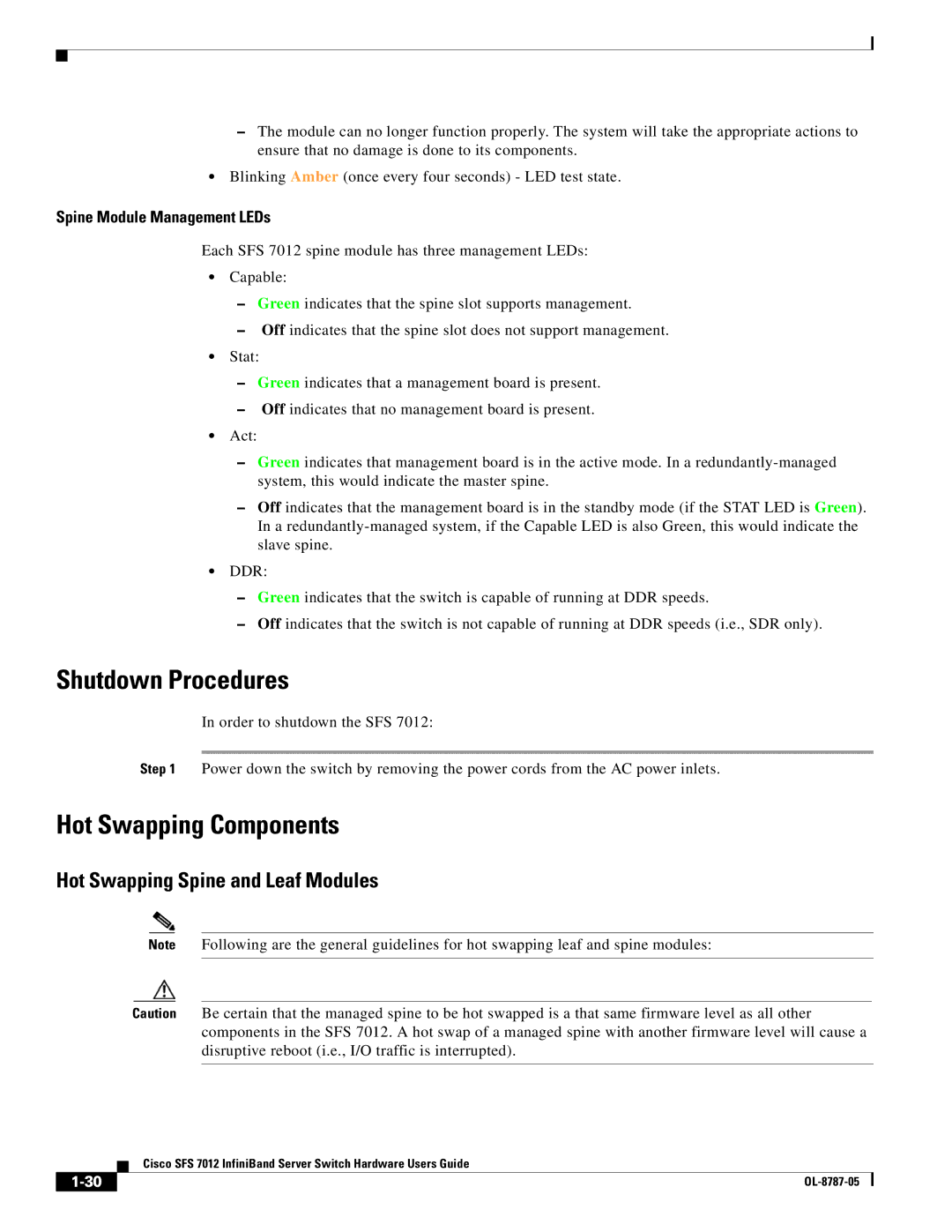 Cisco Systems SFS 7012 manual Shutdown Procedures, Hot Swapping Components, Hot Swapping Spine and Leaf Modules 