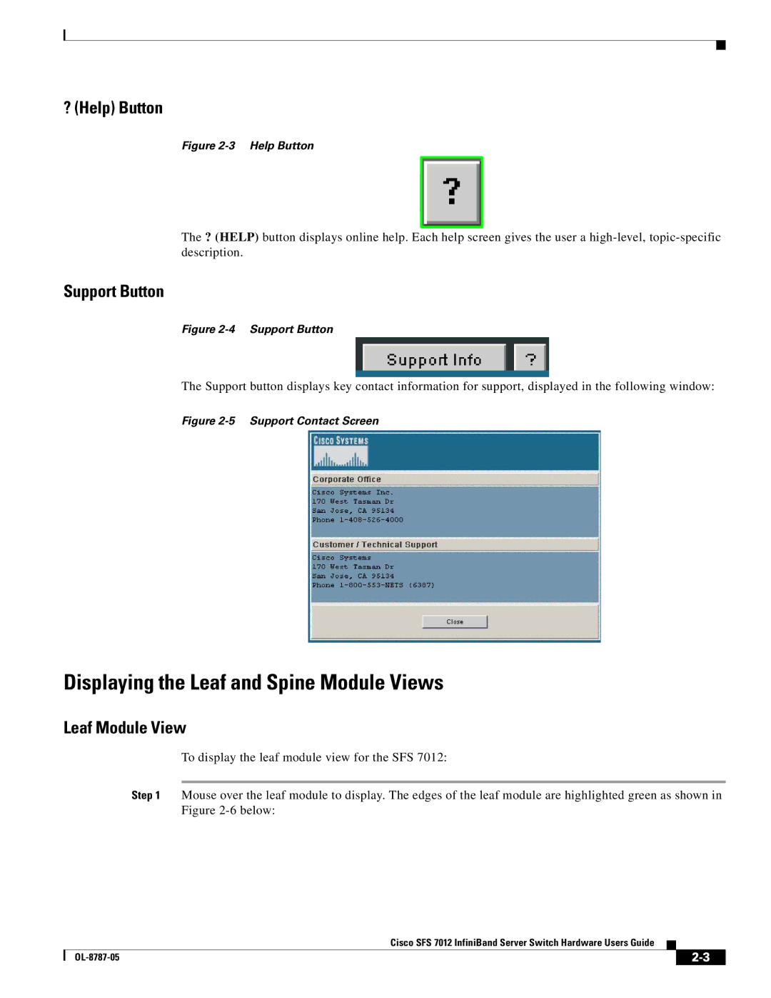 Cisco Systems SFS 7012 manual Displaying the Leaf and Spine Module Views, ? Help Button, Support Button, Leaf Module View 