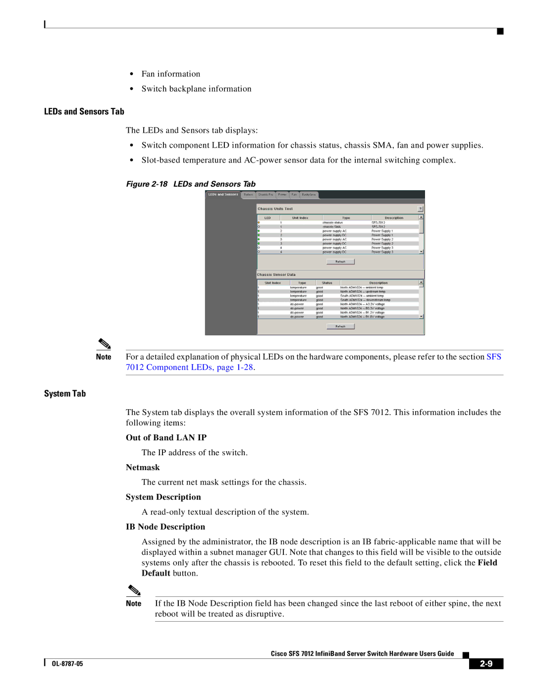 Cisco Systems SFS 7012 manual LEDs and Sensors Tab, System Tab 