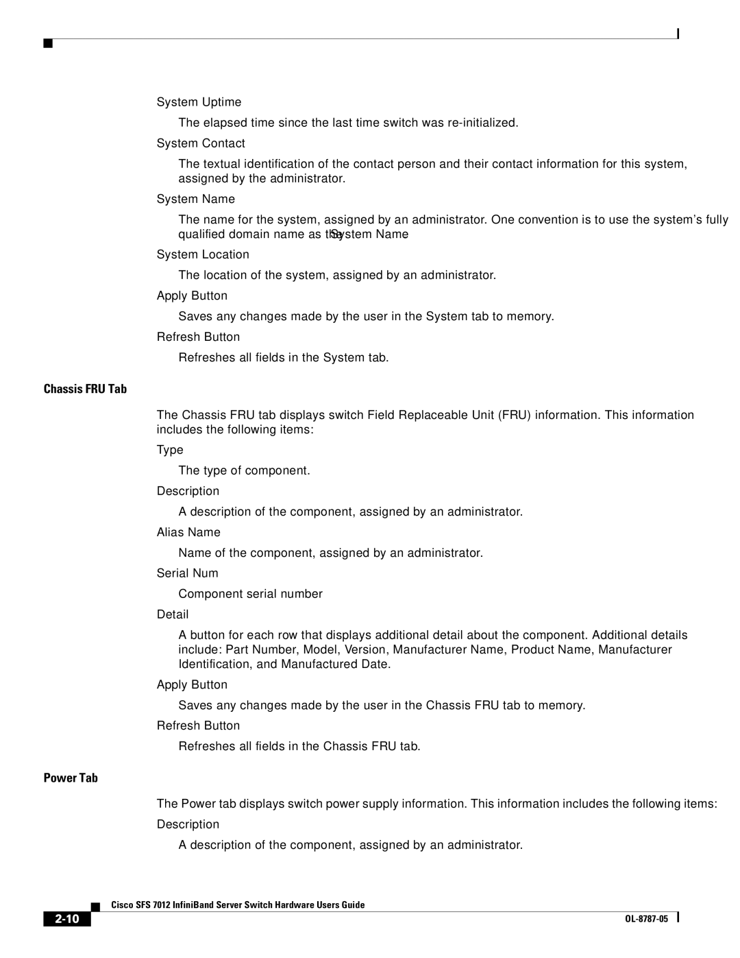 Cisco Systems SFS 7012 manual Chassis FRU Tab, Power Tab 