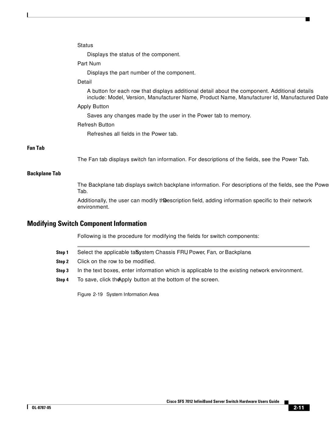 Cisco Systems SFS 7012 manual Modifying Switch Component Information, Fan Tab, Backplane Tab, Status, Part Num 