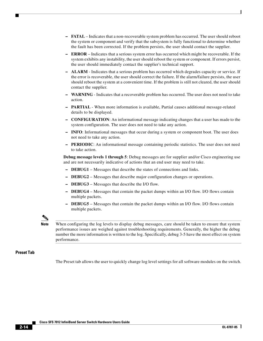 Cisco Systems SFS 7012 manual Preset Tab 