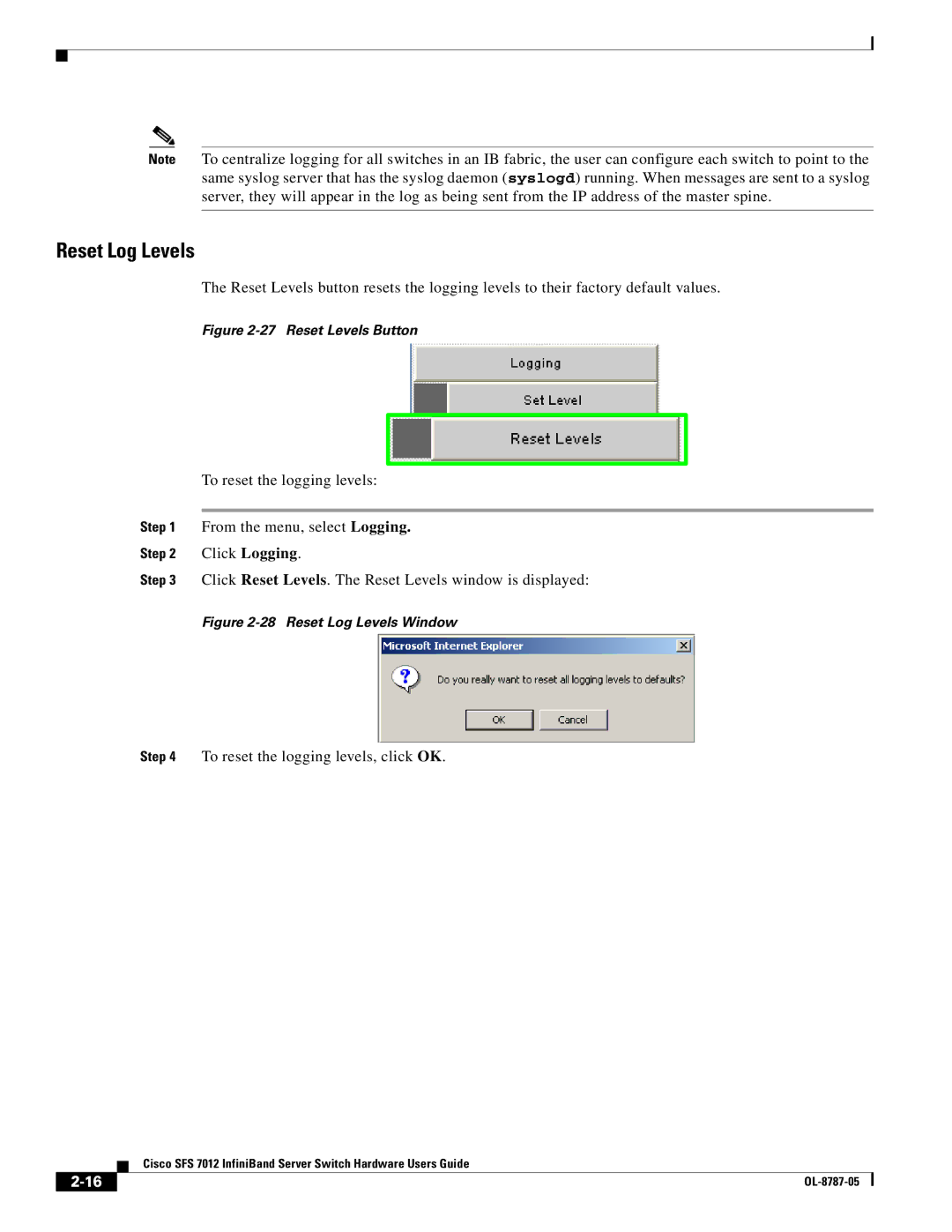 Cisco Systems SFS 7012 manual Reset Log Levels, Reset Levels Button 