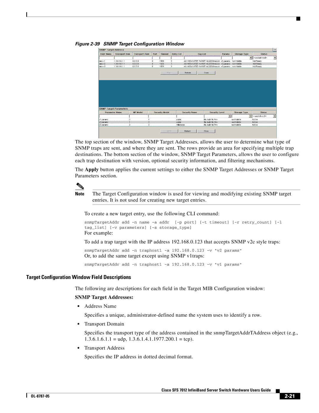 Cisco Systems SFS 7012 manual Target Configuration Window Field Descriptions, Snmp Target Addresses 