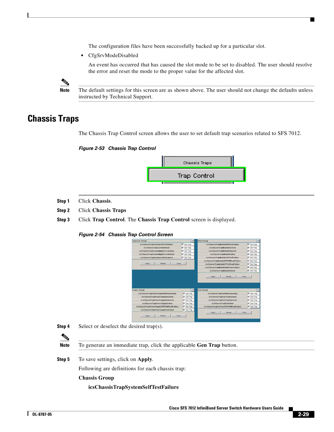 Cisco Systems SFS 7012 manual Chassis Traps, Chassis Group, IcsChassisTrapSystemSelfTestFailure 