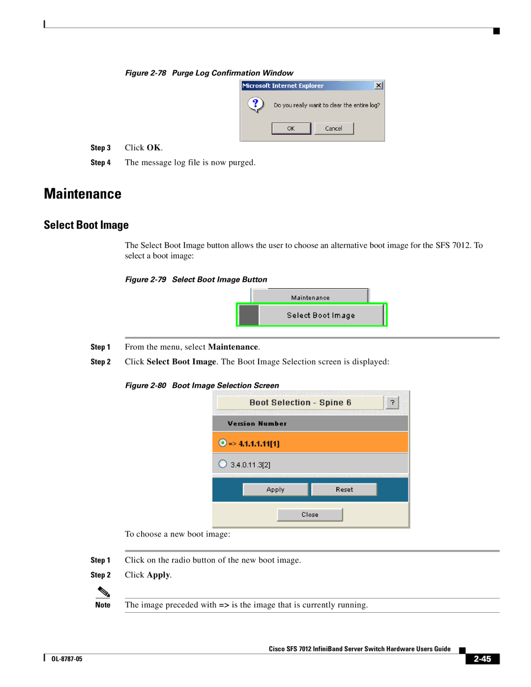 Cisco Systems SFS 7012 manual Select Boot Image, Purge Log Confirmation Window 