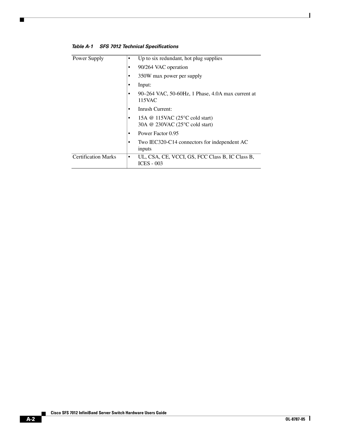 Cisco Systems manual Table A-1 SFS 7012 Technical Specifications 