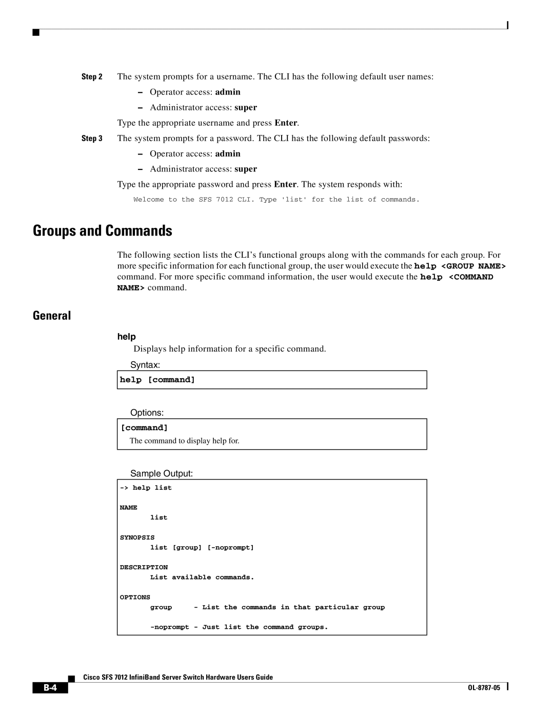 Cisco Systems SFS 7012 manual Groups and Commands, General, Help command 