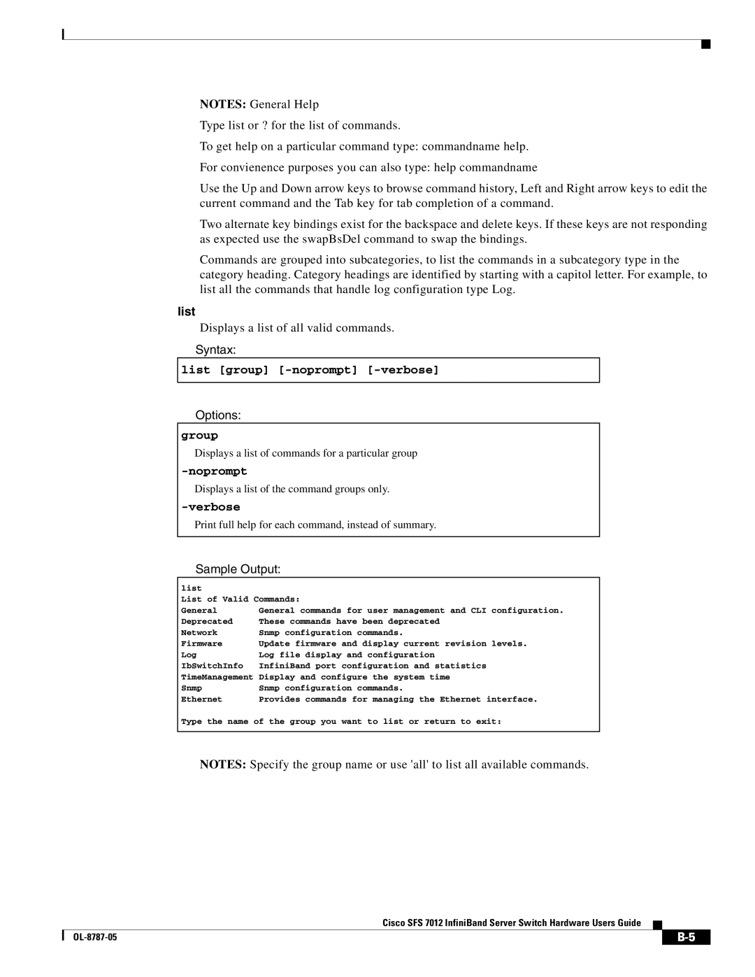 Cisco Systems SFS 7012 manual List group -noprompt -verbose, Group, Noprompt, Verbose 