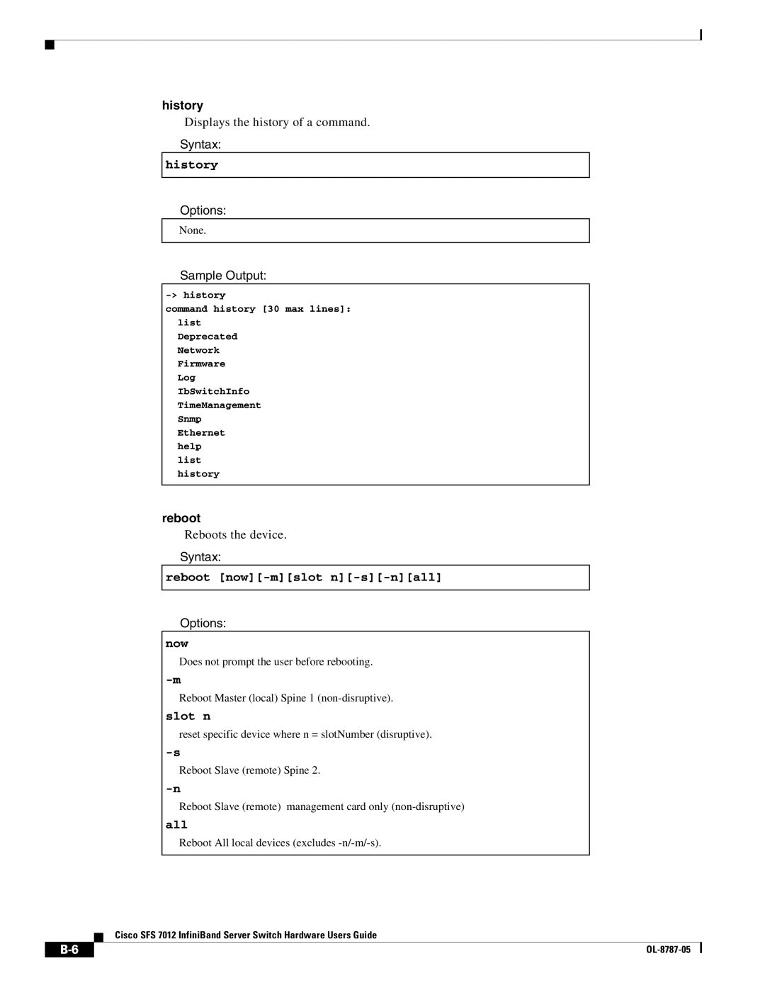 Cisco Systems SFS 7012 manual History, Reboot 