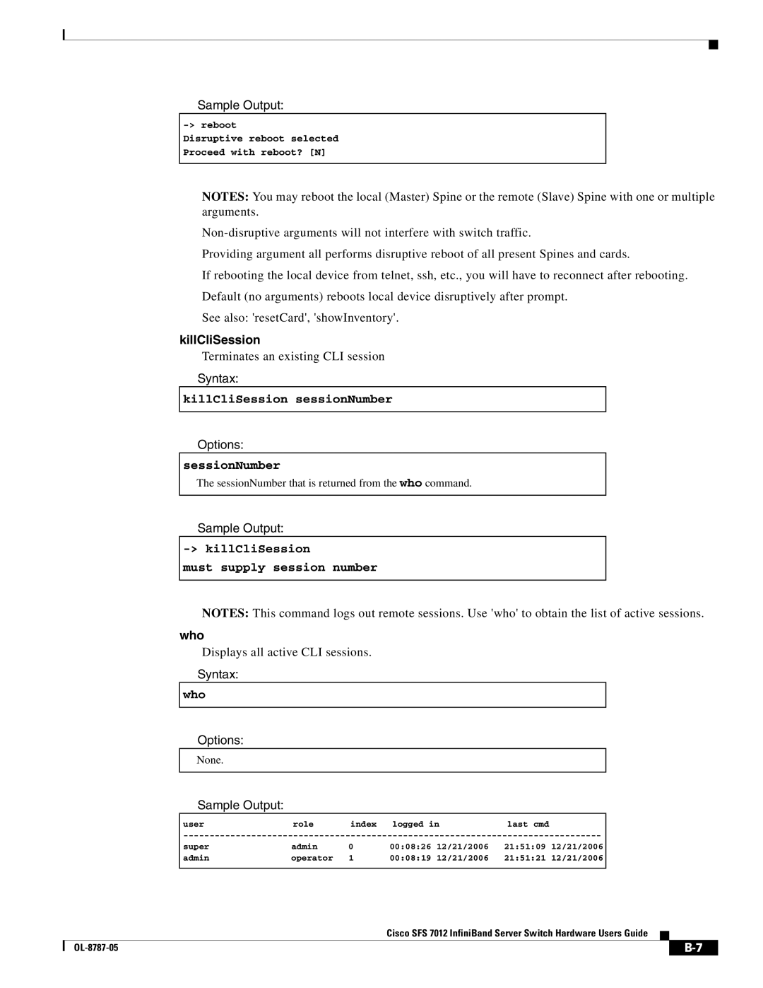 Cisco Systems SFS 7012 manual KillCliSession, Who 