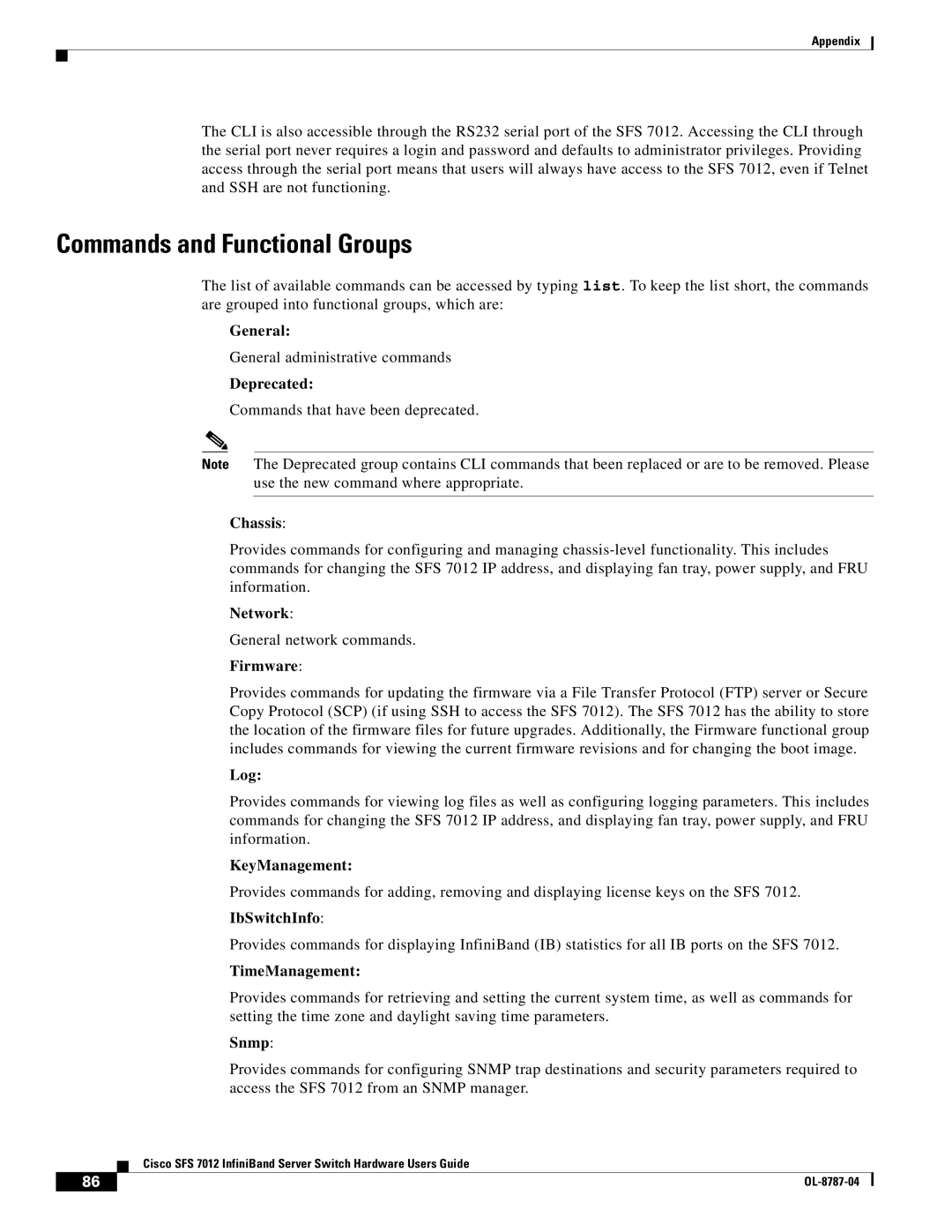 Cisco Systems SFS 7012 manual Commands and Functional Groups 