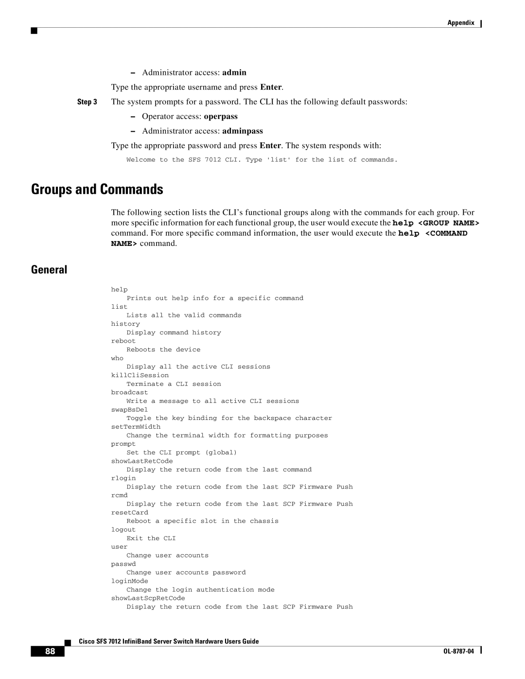 Cisco Systems SFS 7012 manual Groups and Commands, General 