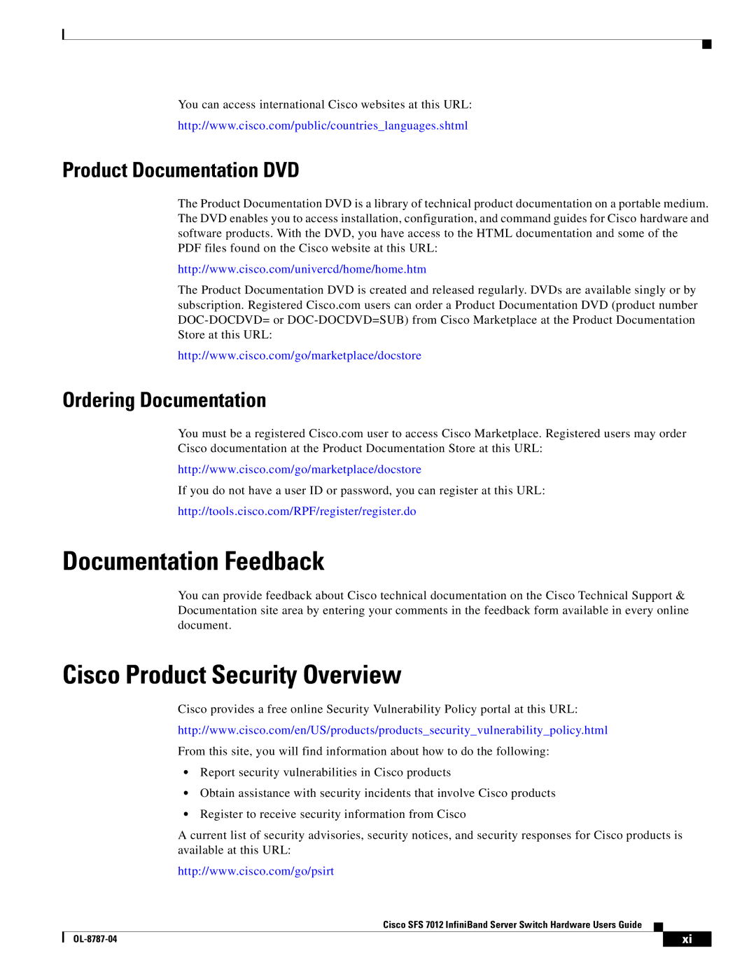 Cisco Systems SFS 7012 manual Documentation Feedback, Cisco Product Security Overview 