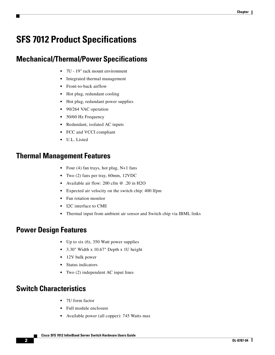 Cisco Systems SFS 7012 Product Specifications, Mechanical/Thermal/Power Specifications, Thermal Management Features 