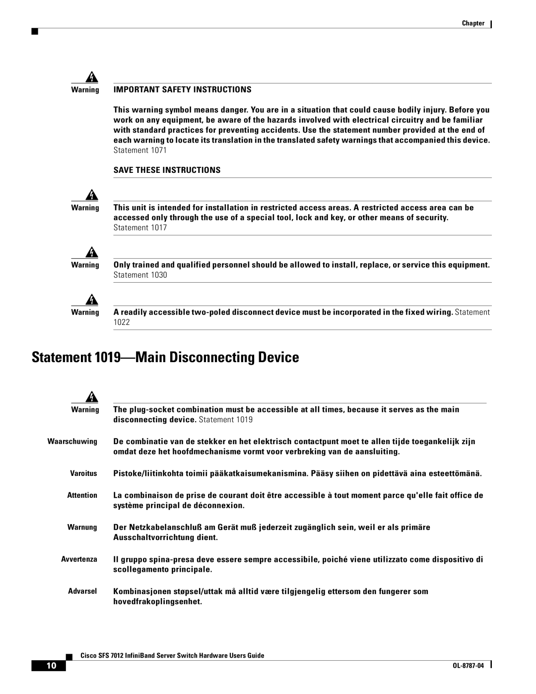 Cisco Systems SFS 7012 manual Statement 1019-Main Disconnecting Device 