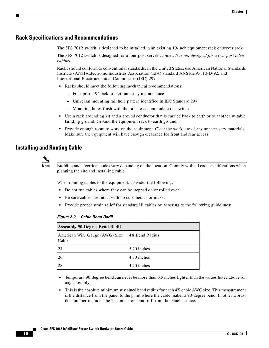 Cisco Systems SFS 7012 manual Rack Specifications and Recommendations, Installing and Routing Cable 