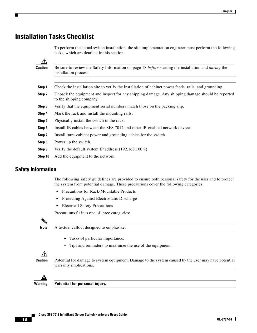 Cisco Systems SFS 7012 manual Installation Tasks Checklist, Safety Information 