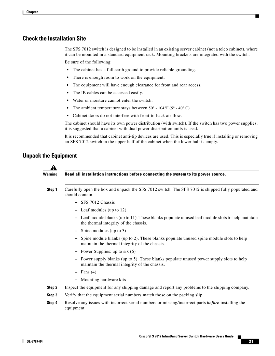 Cisco Systems SFS 7012 manual Check the Installation Site, Unpack the Equipment 