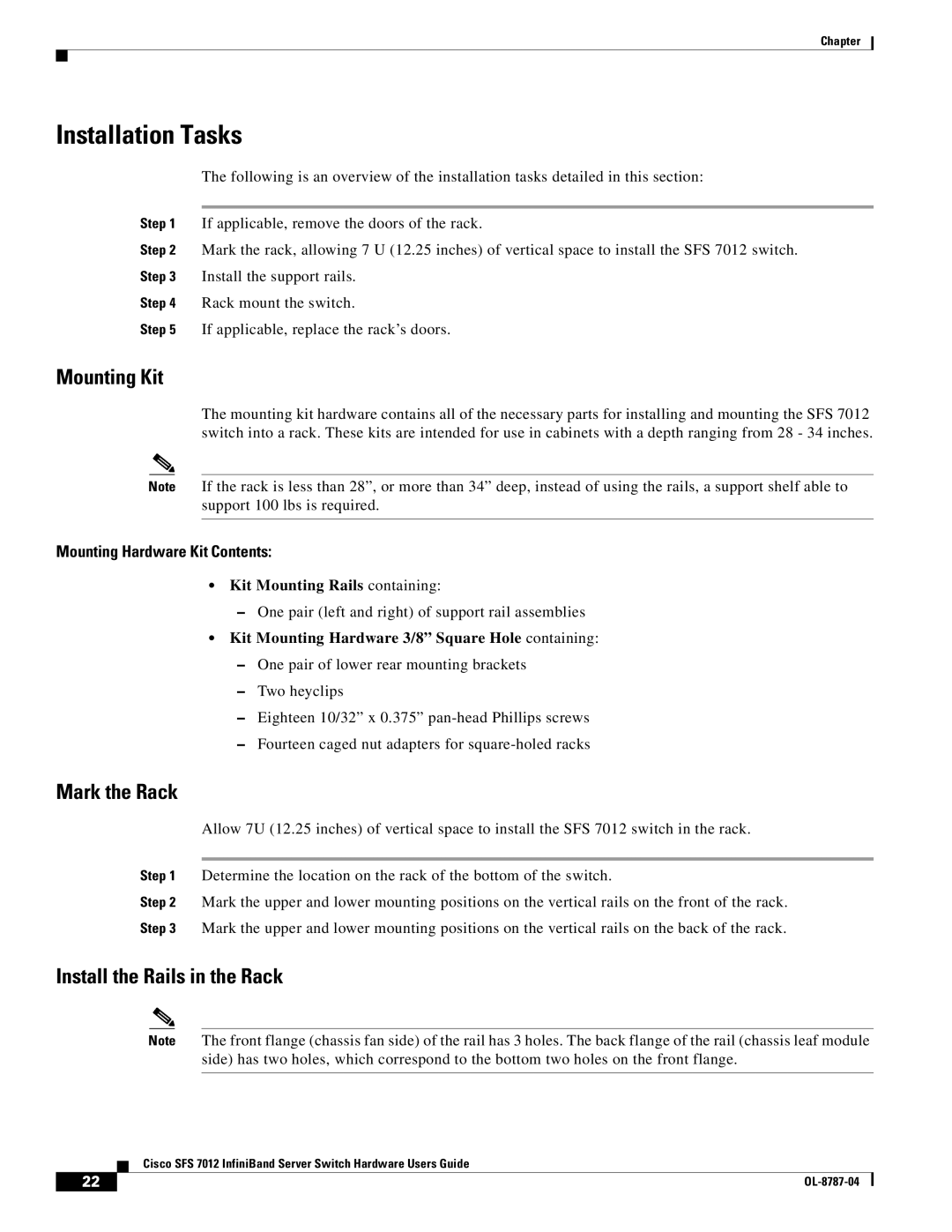 Cisco Systems SFS 7012 manual Installation Tasks, Mounting Kit, Mark the Rack, Install the Rails in the Rack 