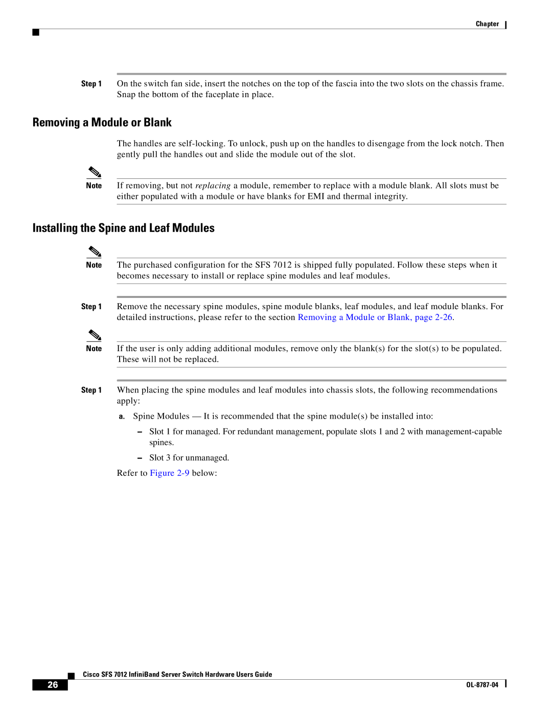 Cisco Systems SFS 7012 manual Removing a Module or Blank, Installing the Spine and Leaf Modules 